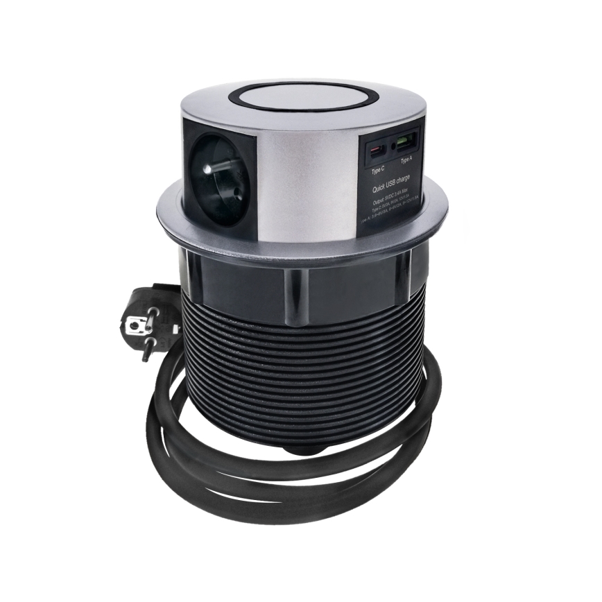 Słupek z gniazdkami do blatu stołu z bezprzewodowym ładowaniem Qi 3x230V + 1xUSB-A + 1xUSB-C srebrno-czarny