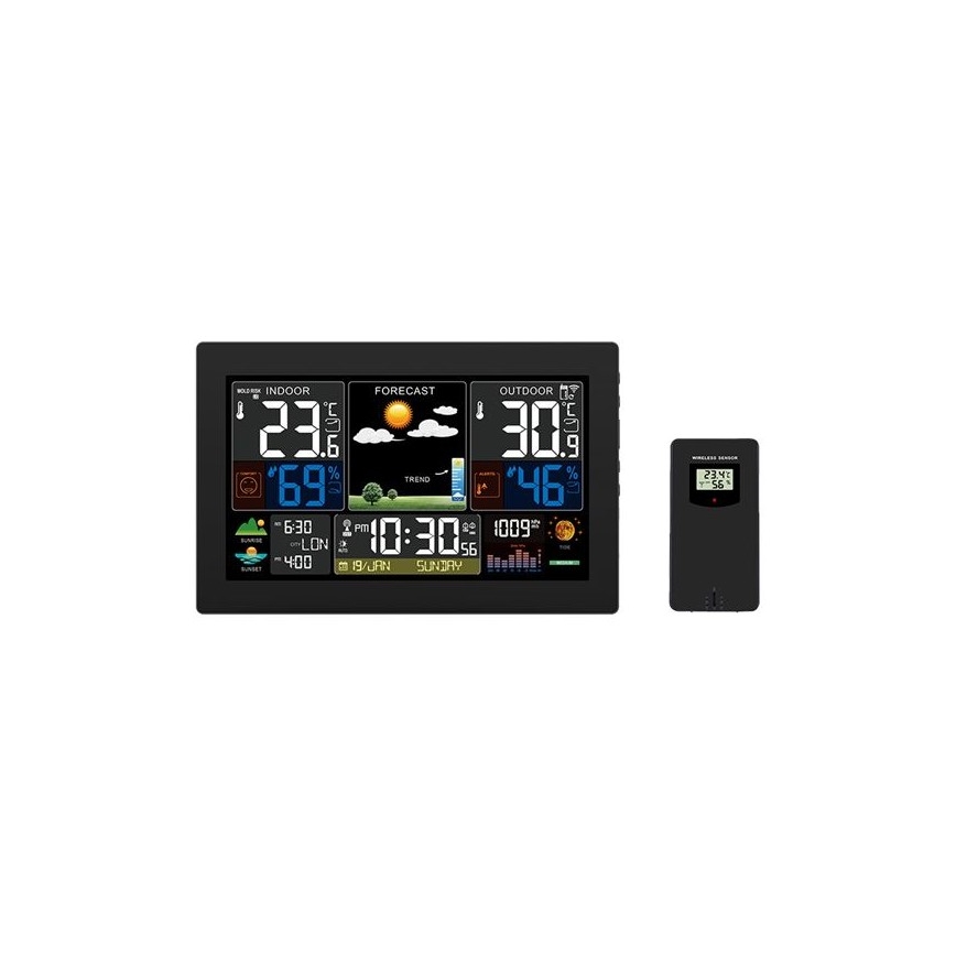 Stacja meteorologiczna z kolorowym wyświetlaczem LCD 230V/2xAA + 2xAA