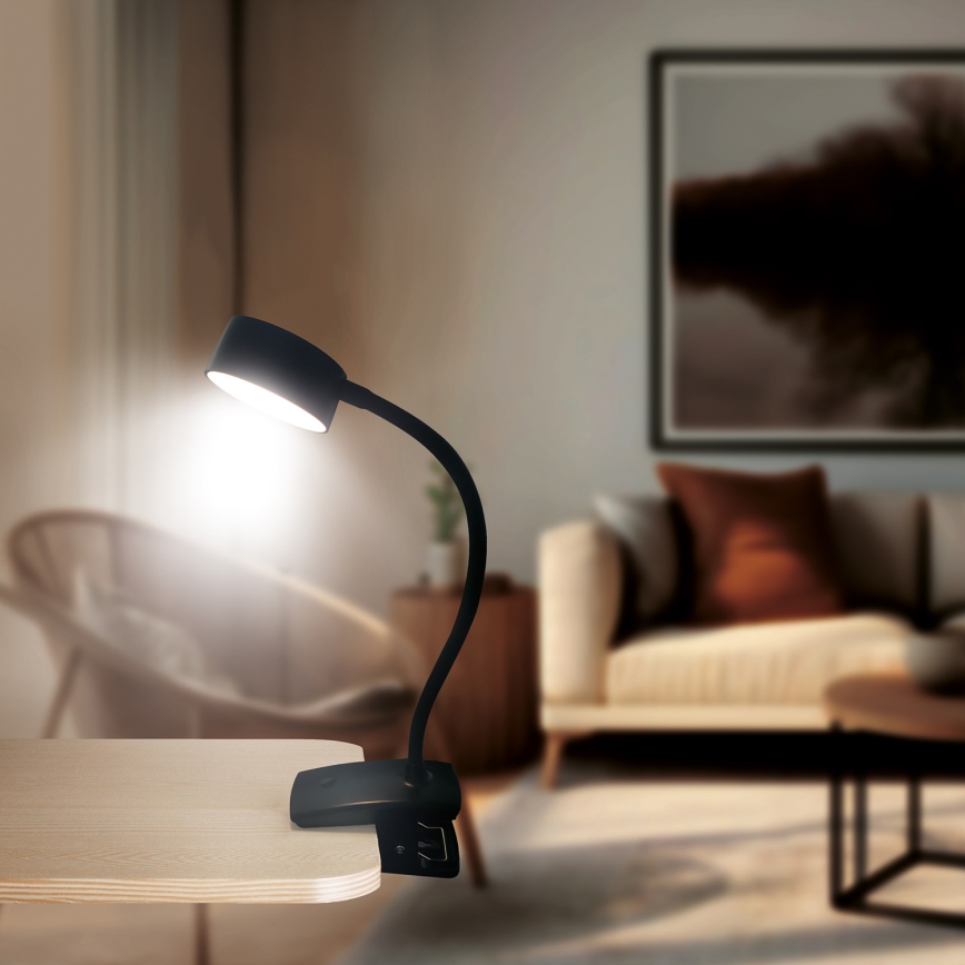 LED Ściemnialna elastyczny ładowalna lampa stołowa z klipsem LED/2W/1800 mAh 3000/4000/6500K czarny