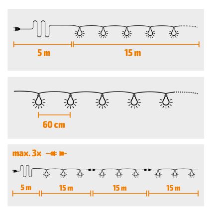 LED Zewnętrzny łańcuch dekoracyjny 25xE12 20m IP44 ciepła biel