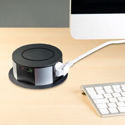 Gniazdo stołowe z bezprzewodowym ładowaniem Qi 3x230V + 1xUSB-A + 1xUSB-C czarny/srebrny