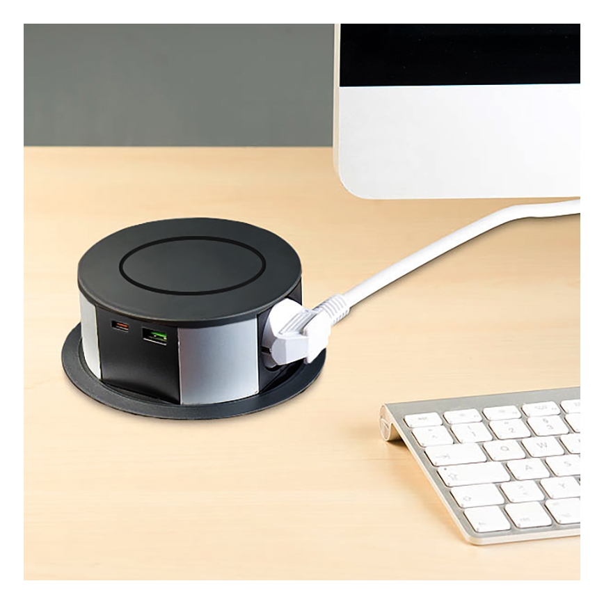 Gniazdo stołowe z bezprzewodowym ładowaniem Qi 3x230V + 1xUSB-A + 1xUSB-C czarny/srebrny