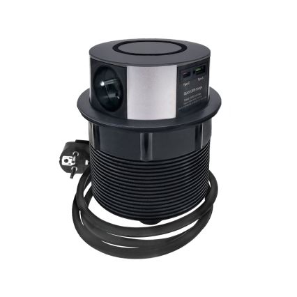 Gniazdo stołowe z bezprzewodowym ładowaniem Qi 3x230V + 1xUSB-A + 1xUSB-C czarny/srebrny