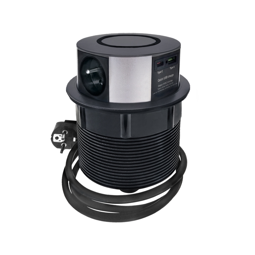 Gniazdo stołowe z bezprzewodowym ładowaniem Qi 3x230V + 1xUSB-A + 1xUSB-C czarny/srebrny