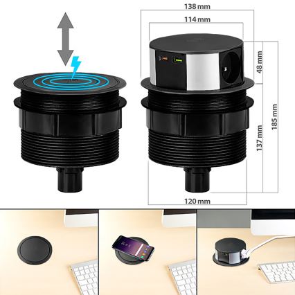 Gniazdo stołowe z bezprzewodowym ładowaniem Qi 3x230V + 1xUSB-A + 1xUSB-C czarny/srebrny