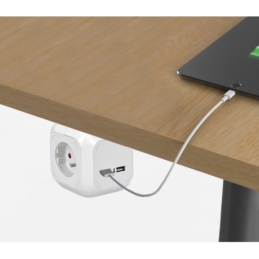 Przedłużacz sześcian 4x230V/2xUSB 5V 2m