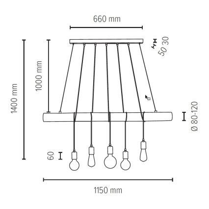 Żyrandol na lince TRABO 5xE27/60W/230V sosna - certyfikat FSC