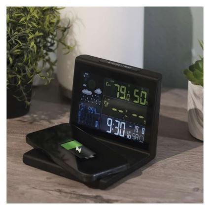 Stacja pogodowa z bezprzewodowym ładowaniem 5V, zasilanie 2xAA + 2xAAA, czarna