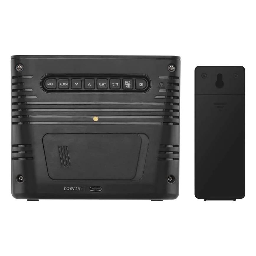 Stacja pogodowa z bezprzewodowym ładowaniem 5V, zasilanie 2xAA + 2xAAA, czarna