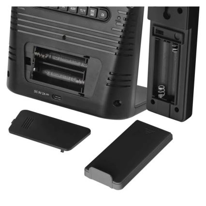 Stacja pogodowa z bezprzewodowym ładowaniem 5V, zasilanie 2xAA + 2xAAA, czarna