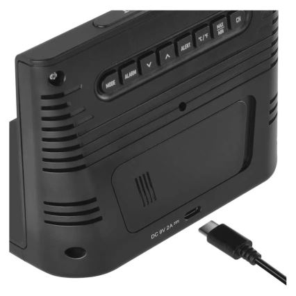 Stacja pogodowa z bezprzewodowym ładowaniem 5V, zasilanie 2xAA + 2xAAA, czarna