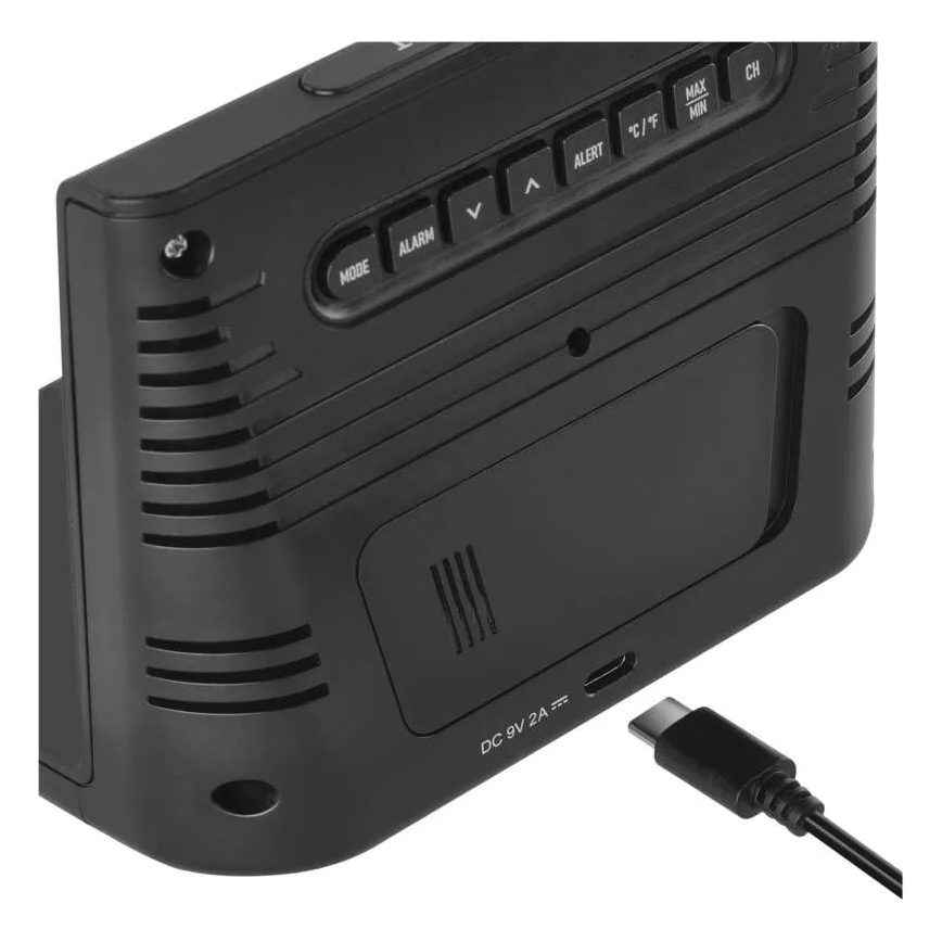 Stacja pogodowa z bezprzewodowym ładowaniem 5V, zasilanie 2xAA + 2xAAA, czarna