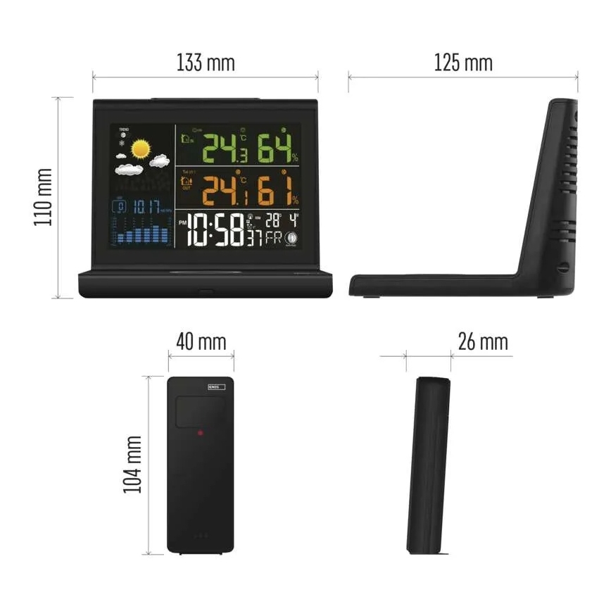 Stacja pogodowa z bezprzewodowym ładowaniem 5V, zasilanie 2xAA + 2xAAA, czarna