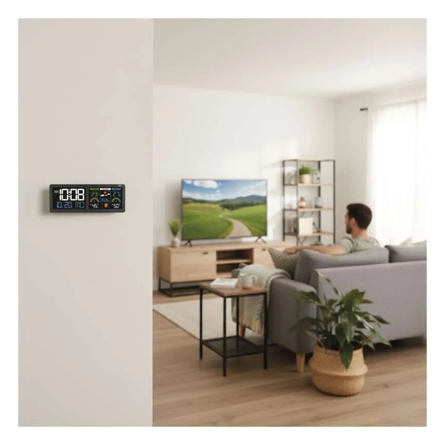 Stacja pogodowa z kolorowym wyświetlaczem LCD i budzikiem 5V 3xAAA + 2xAA czarna