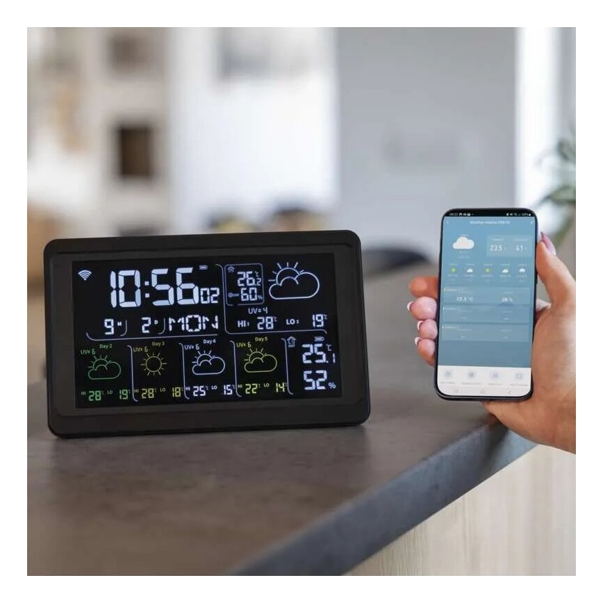 Stacja pogodowa z wyświetlaczem LCD GoSmart 230V/3xAAA + 2×AAA Wi-Fi Tuya czarna