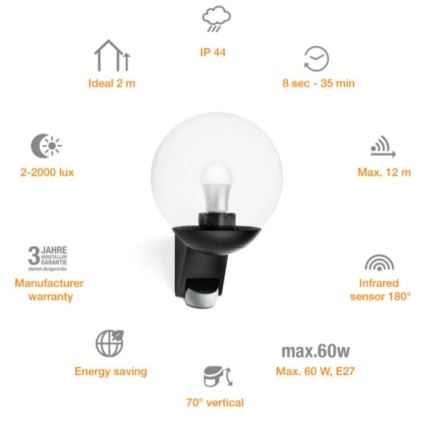 STEINEL 005535 - Kinkiet zewnętrzny z czujnikiem L585S 1xE27/60W czarny