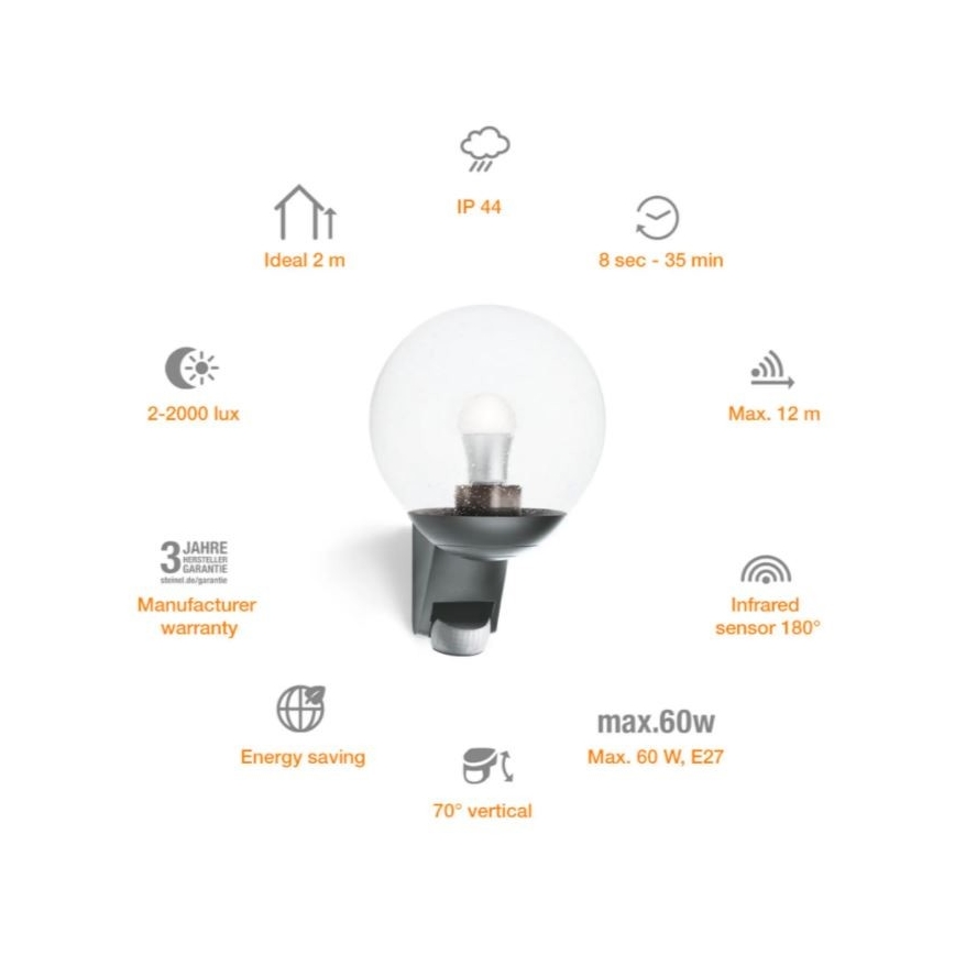 Steinel 035723 - Kinkiet zewnętrzny z czujnikiem L585S 1xE27/60W/230V IP44