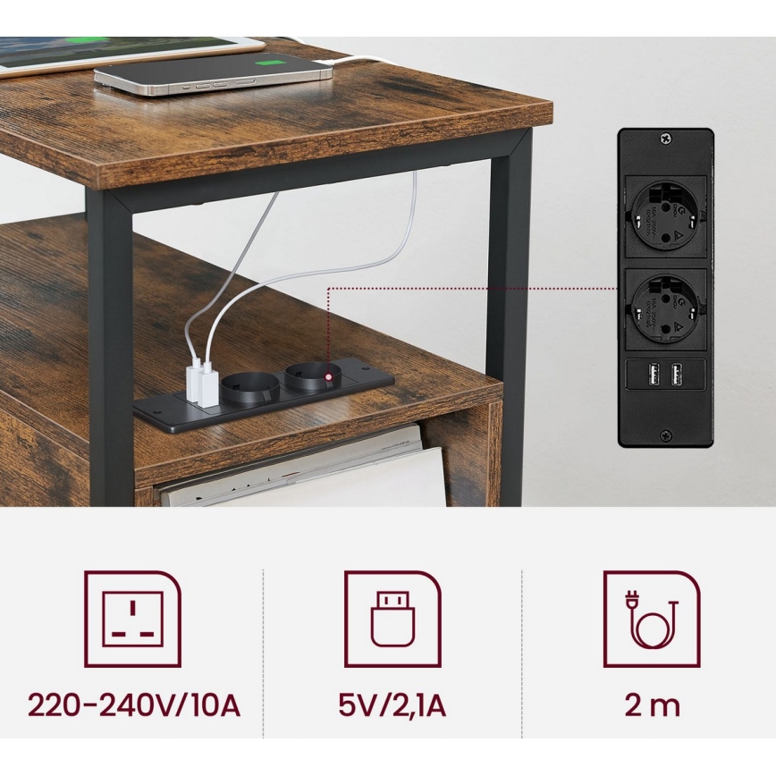 Stolik boczny z wbudowanymi gniazdami elektrycznymi i portami USB ROD brązowy/czarny