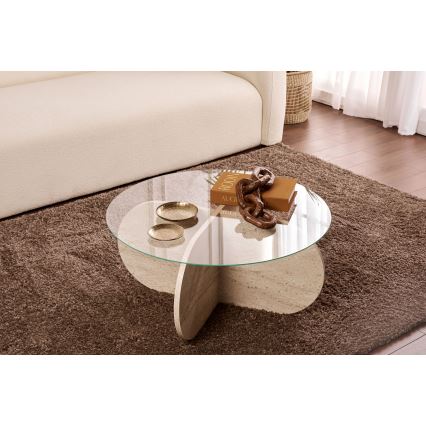 Stolik kawowy BUBBLE śr. 75 cm trawertyn/przezroczysty