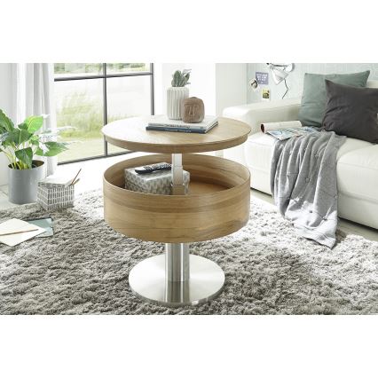Stolik kawowy ELEMENT z podnoszonym blatem o średnicy 60 cm, dąb/srebrny