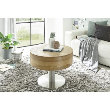 Stolik kawowy ELEMENT z podnoszonym blatem o średnicy 60 cm, dąb/srebrny