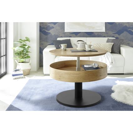 Stolik kawowy ELEMENT z podnoszonym blatem, o średnicy 75 cm, dąb/czarny