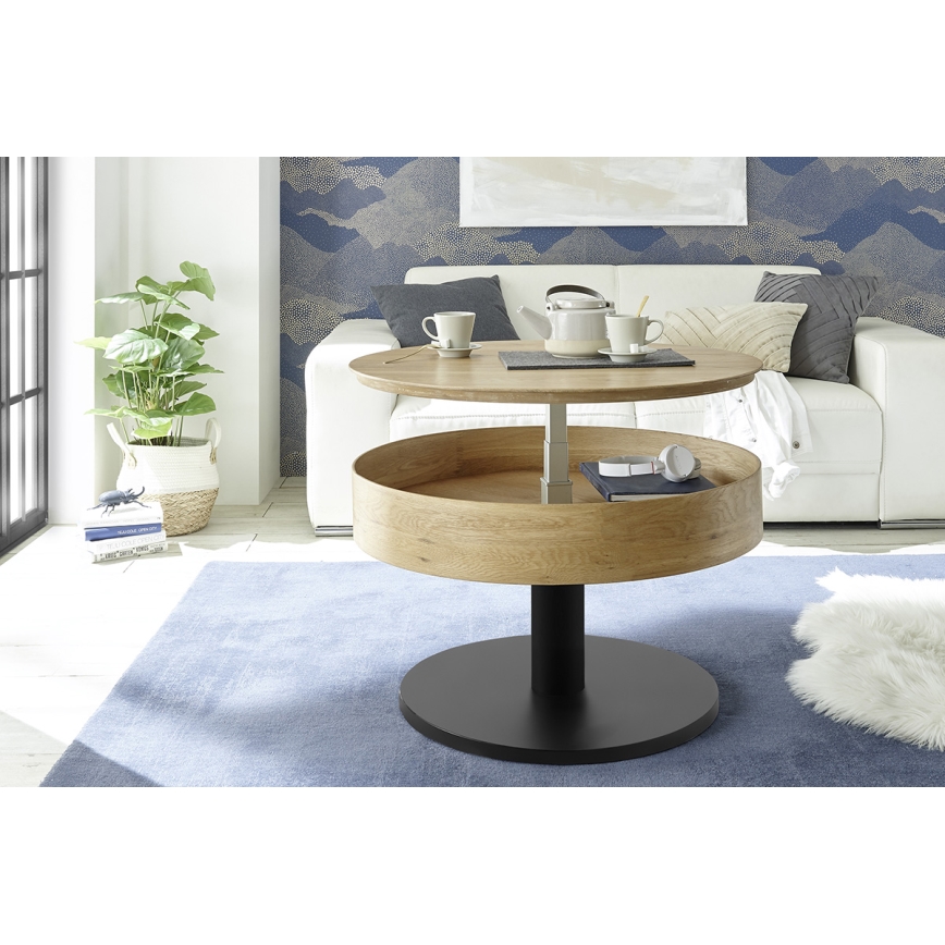 Stolik kawowy ELEMENT z podnoszonym blatem, o średnicy 75 cm, dąb/czarny