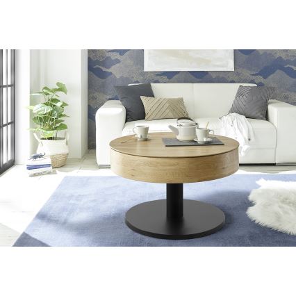 Stolik kawowy ELEMENT z podnoszonym blatem, o średnicy 75 cm, dąb/czarny