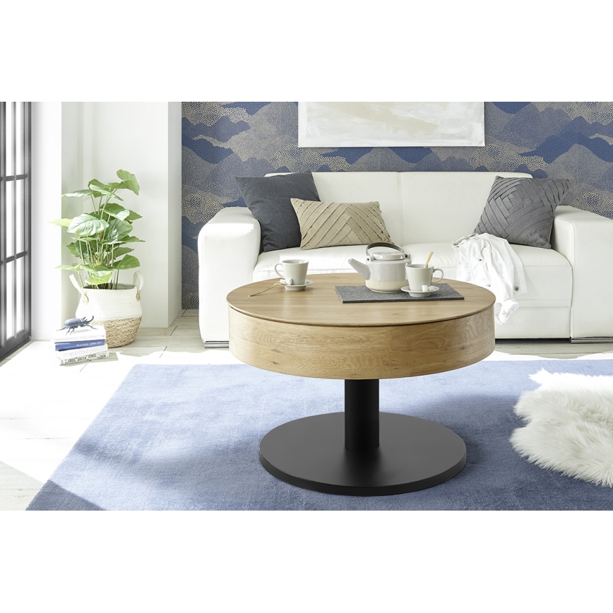 Stolik kawowy ELEMENT z podnoszonym blatem, o średnicy 75 cm, dąb/czarny