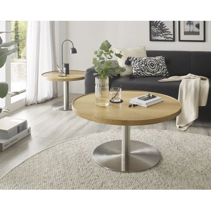Stolik kawowy FOCUS śr. 80 cm dąb/stal nierdzewna
