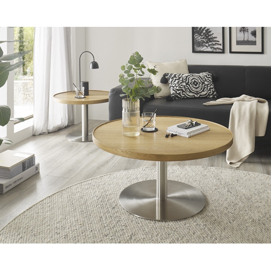 Stolik kawowy FOCUS śr. 80 cm dąb/stal nierdzewna
