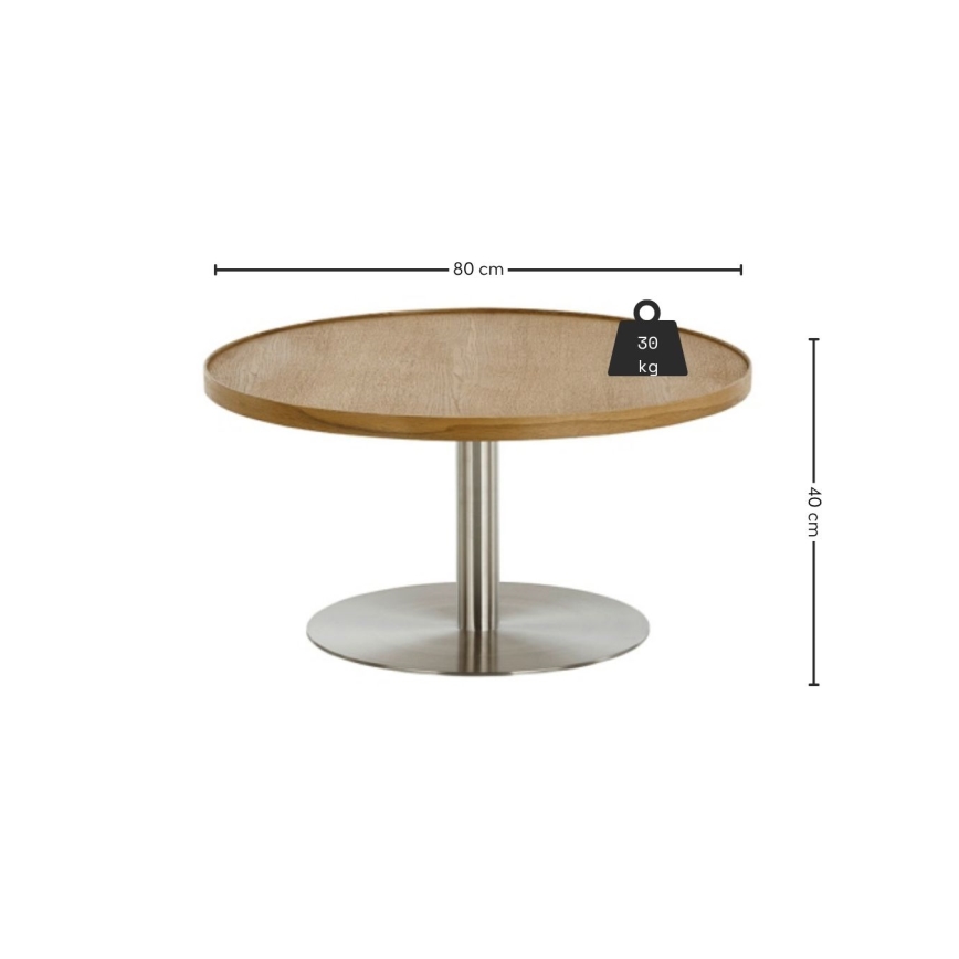 Stolik kawowy FOCUS śr. 80 cm dąb/stal nierdzewna