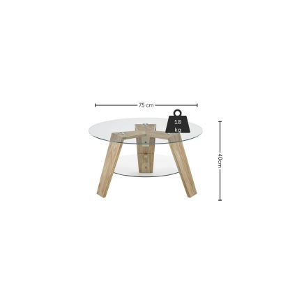 Stolik kawowy TITAN Ø 75 cm, szkło przezroczyste/dąb