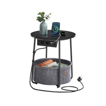 Stolik pomocniczy NOIRA 45 cm z wbudowanymi gniazdami elektrycznymi i portami USB, szary/czarny