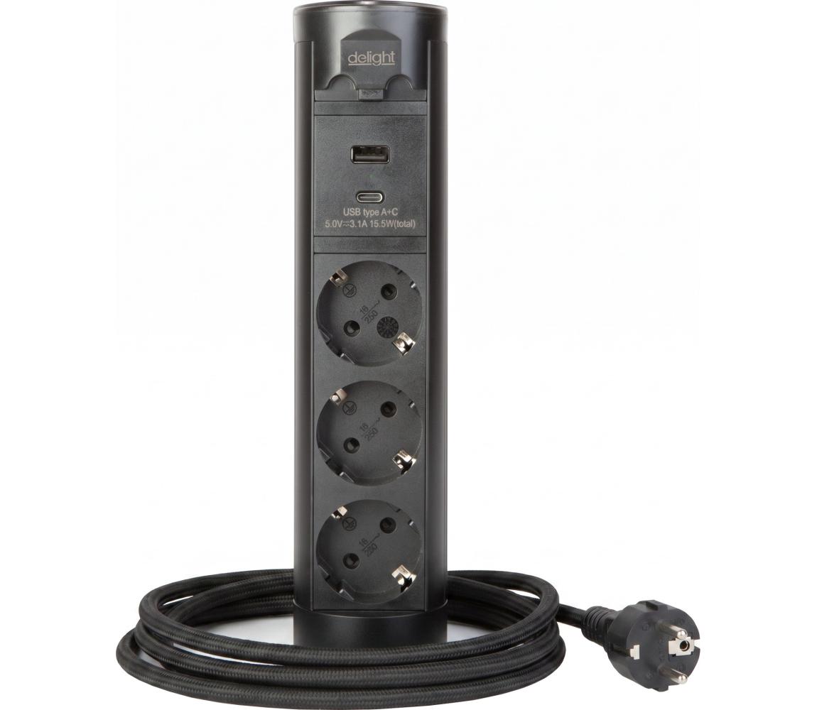 Słupek gniazdowy do blatu — 3 x 230 V + USB-A i USB-C, czarny