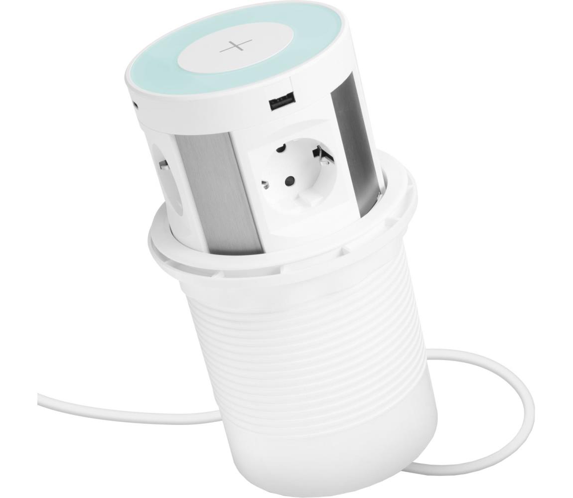 Słupek z gniazdami do blatu stołu z ładowaniem bezprzewodowym 4x 230 V + 2x USB-A + 2x USB-C biały