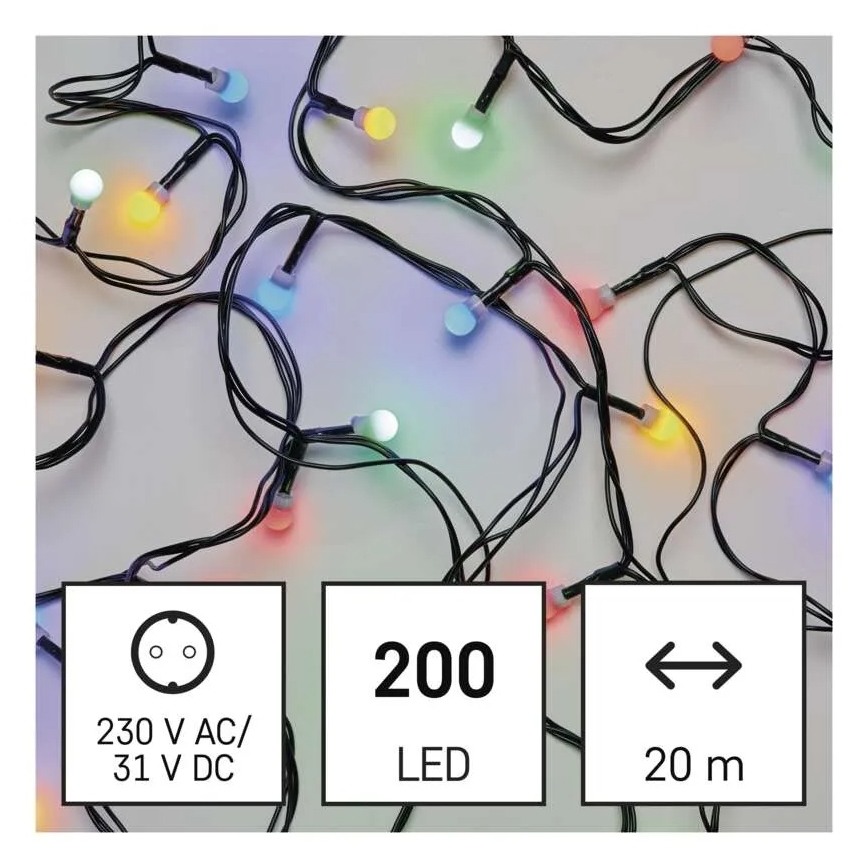 Świąteczny łańcuch LED 200 diod, 8 funkcji, 25 m, IP44, wielokolorowy