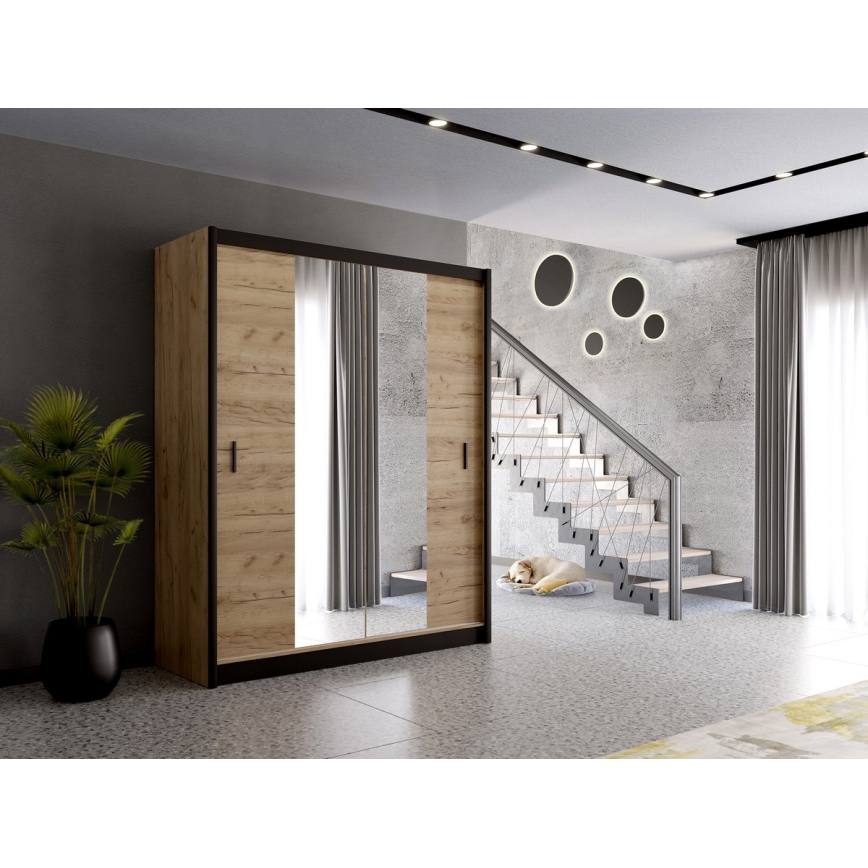Szafa z lustrem MIRO 203x215 cm dąb craft/czarny