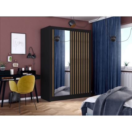 Szafa z lustrem SANTINO 150x215 cm czarna/dąb rękodzieło