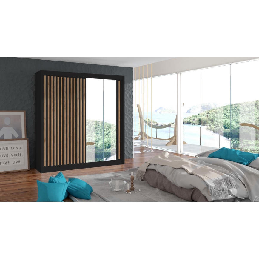 Szafa z lustrem SANTINO 203x215 cm czarna/dąb craft