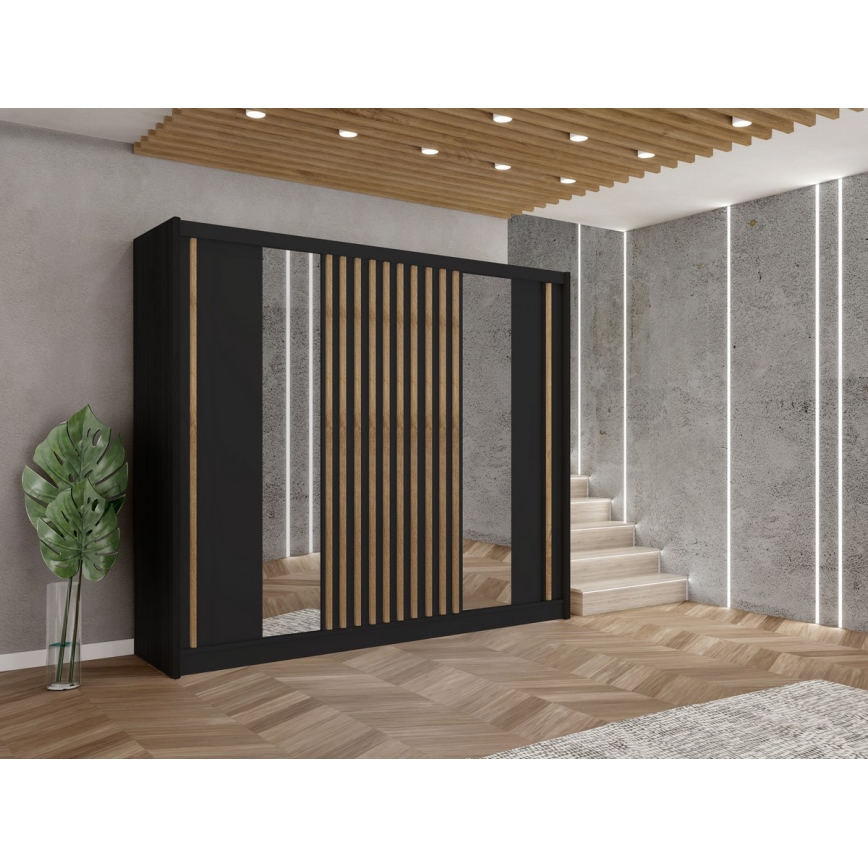 Szafa z lustrem SANTINO 250x215 cm czarna/dąb rękodzieło