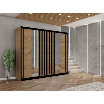 Szafa z lustrem SANTINO 250x215 cm dąb rękodzieło/czarna