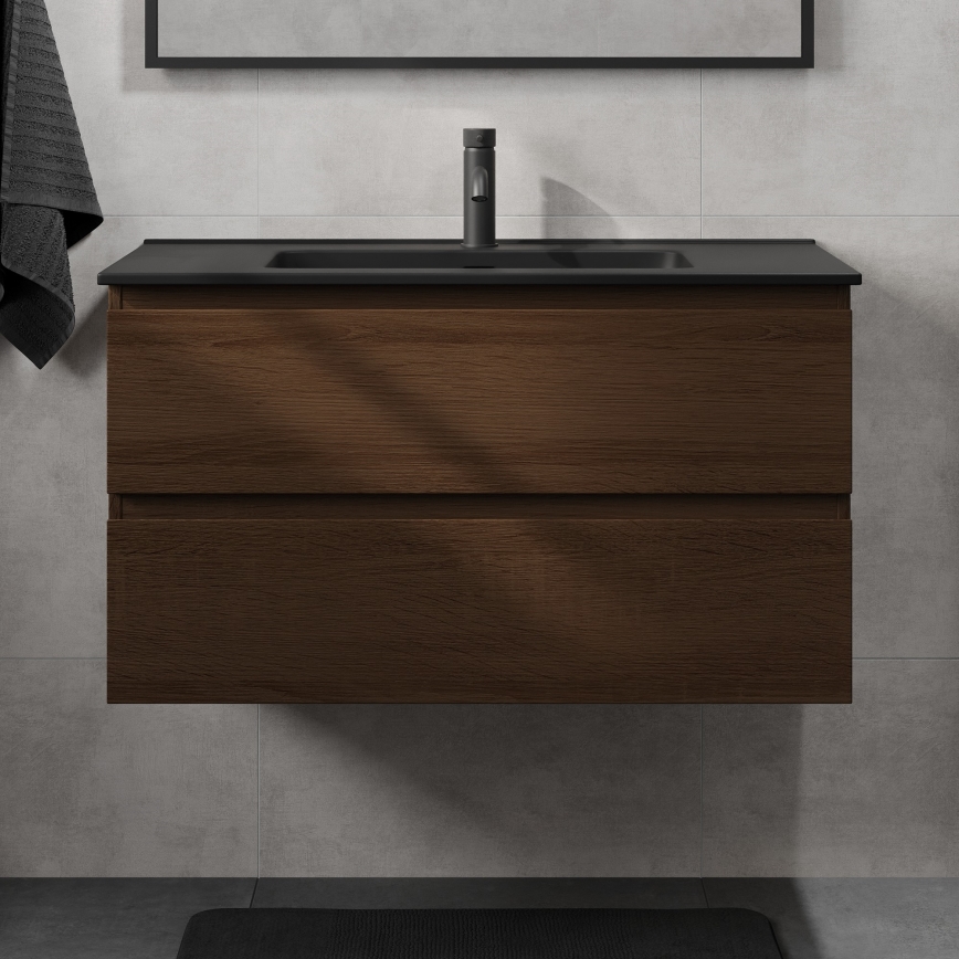 Szafka łazienkowa z umywalką KENWOOD 91 cm orzech/czarny