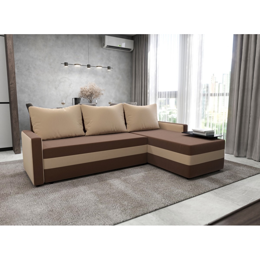 Tapicerowana, uniwersalna rozkładana narożna sofa typu L BRISTOL brązowy/beżowy