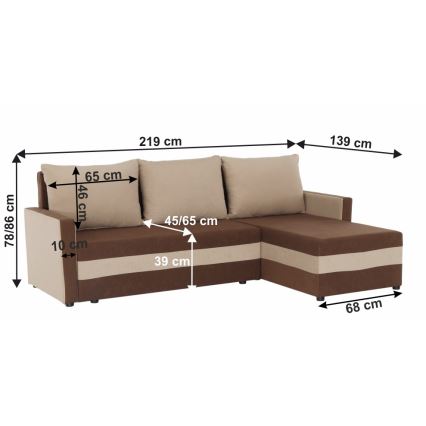 Tapicerowana, uniwersalna rozkładana narożna sofa typu L BRISTOL brązowy/beżowy