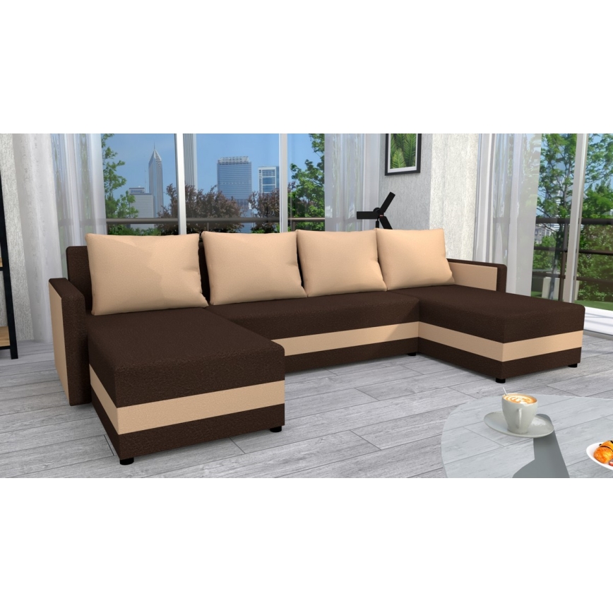 Tapicerowana, uniwersalna rozkładana narożna sofa typu U BRISTOL brązowy/beżowy