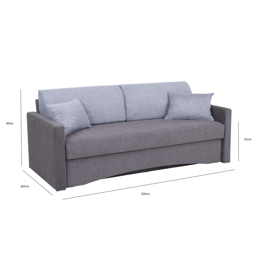 Tapicerowana, składana sofa trzyosobowa do codziennego spania z podłokietnikami PAUL szary