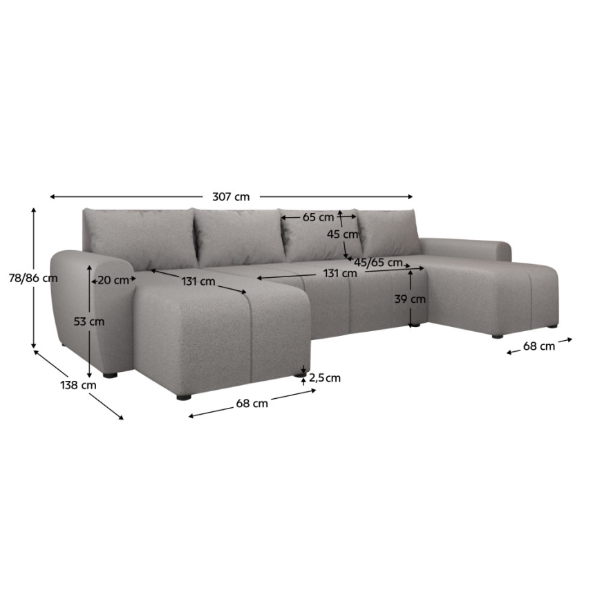 Tapicerowana, uniwersalna rozkładana sofa typu U NEWPORT szary