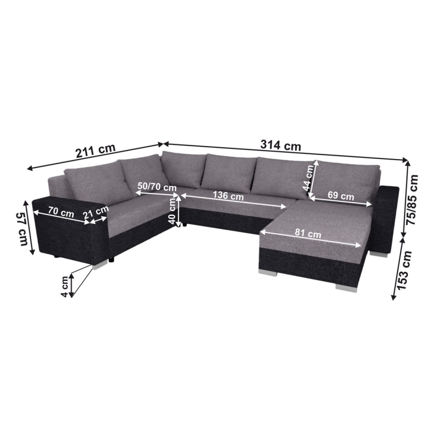 Tapicerowana, uniwersalna rozkładana sofa typu U YORK szary/czarny