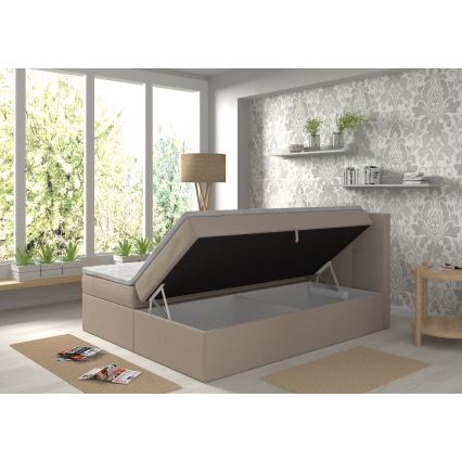 Tapicerowane łóżko EMBER 160x200 cm z materacami, topperem i pojemnikiem na pościel w kolorze beżowym